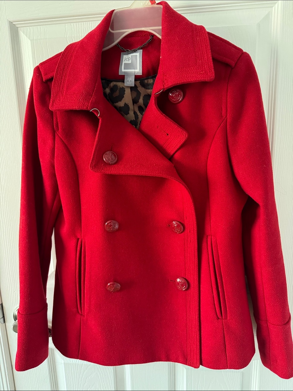 JCPenney Red Double-Breasted Wool Blend Peacoat - Women
